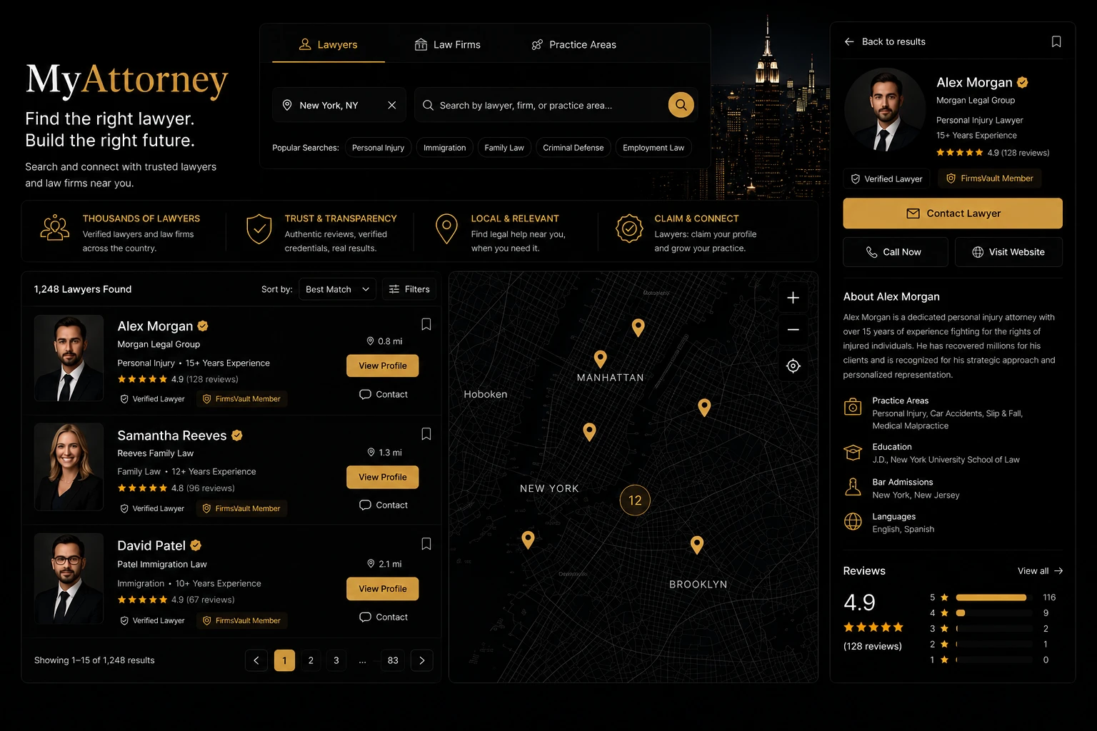 MyAttorney public directory with searchable, verified lawyer profiles, reviews, and a location map.